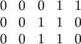  \begin{matrix}
0 & 0 & 0 & 1 & 1 \\
0 & 0 & 1 & 1 & 0 \\
0 & 0 & 1 & 1 & 0 \\
\end{matrix}
